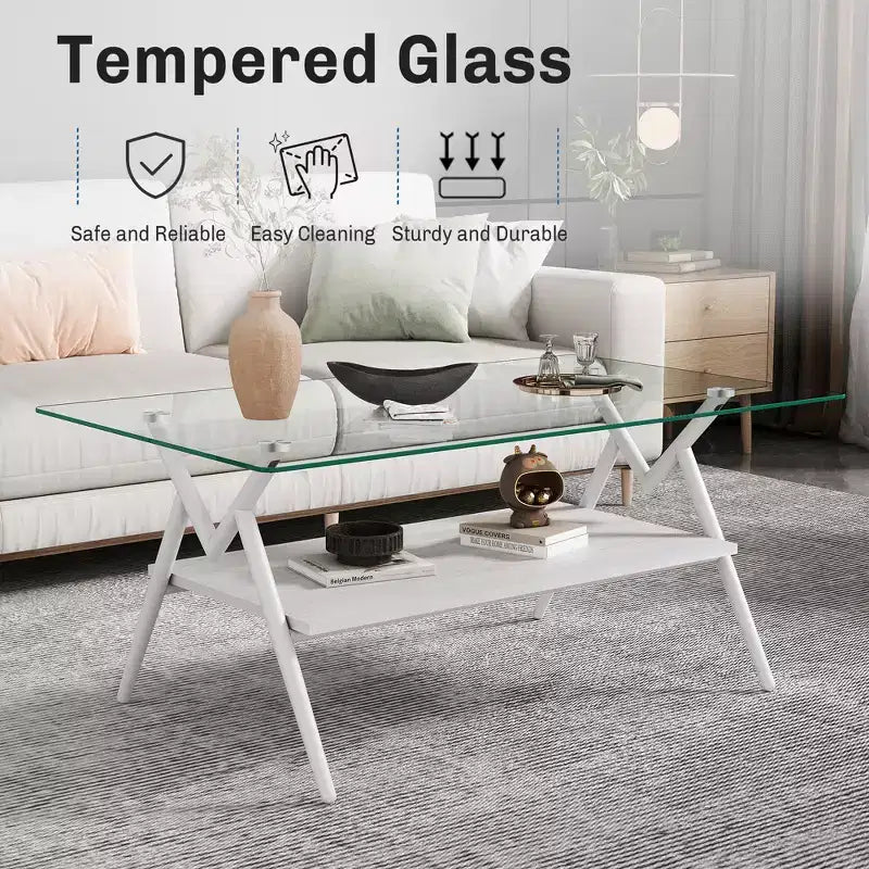Table basse moderne avec plateau en verre trempé et étagère en bois