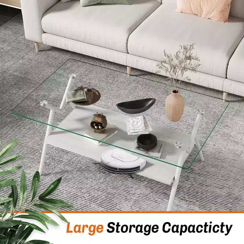 Table basse moderne avec plateau en verre trempé et étagère en bois