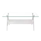 Table basse moderne avec plateau en verre trempé et étagère en bois
