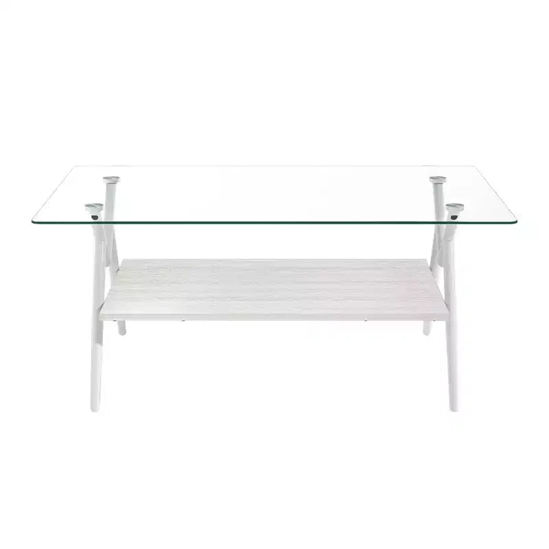 Table basse moderne avec plateau en verre trempé et étagère en bois