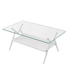 Table basse moderne avec plateau en verre trempé et étagère en bois
