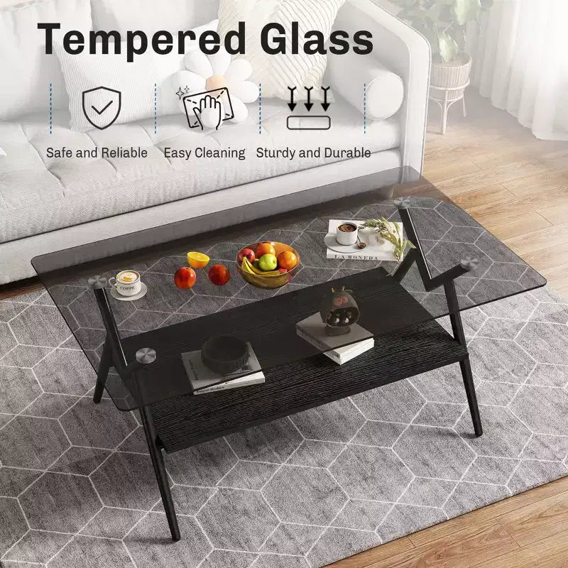 Table basse moderne avec plateau en verre trempé et étagère en bois