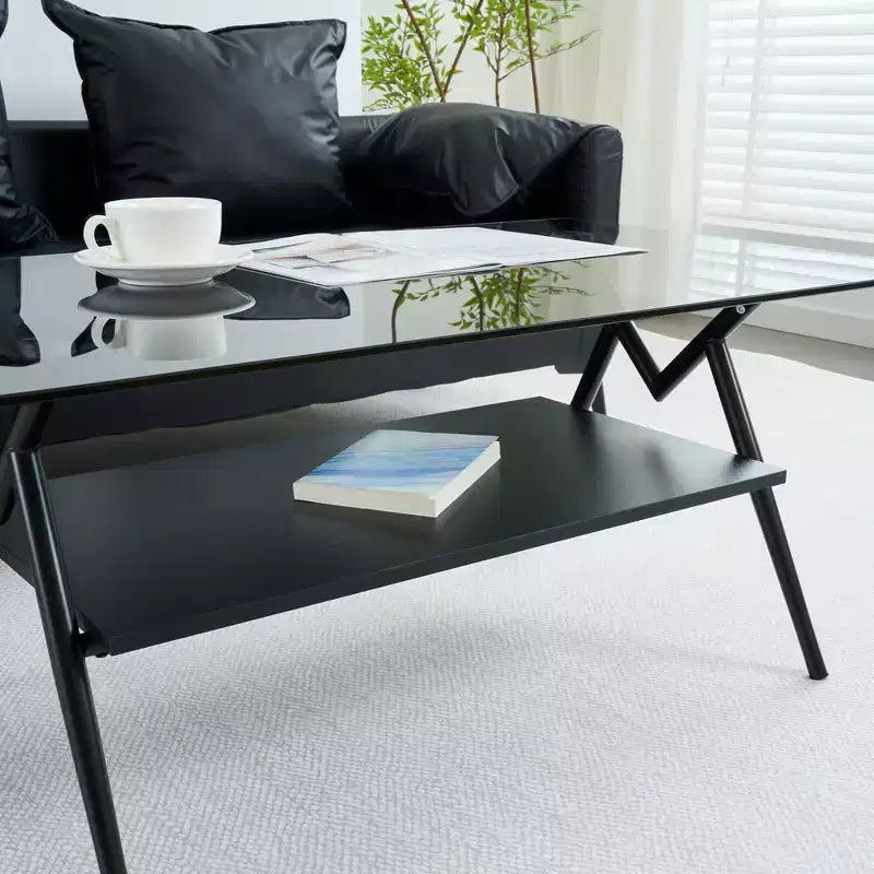 Table basse moderne avec plateau en verre trempé et étagère en bois
