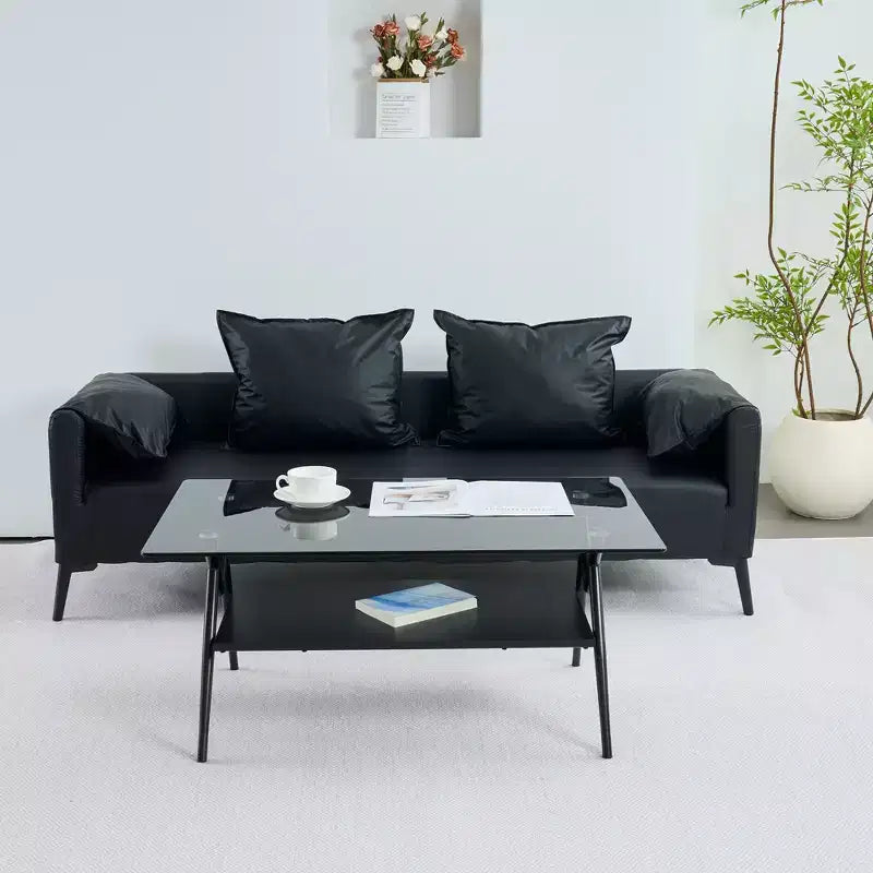 GDFStudio Sardis Modern Coffee Table with Tempered Glass Top and Wood Shelf