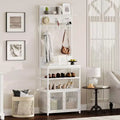 Acekool Hall Tree with Doors, 72.8in Narrow Coat Rack & Shoe Storage, Entryway Organizer with 7 Hooks, Shelves & Mesh Cabinet, White