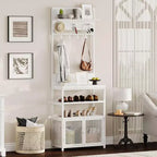 Acekool Hall Tree with Doors, 72.8in Narrow Coat Rack & Shoe Storage, Entryway Organizer with 7 Hooks, Shelves & Mesh Cabinet, White