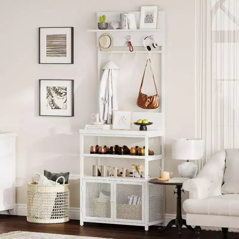 Meuble d'entrée avec portes, portemanteau et rangement de chaussures étroits de 72,8 pouces, organisateur d'entrée avec 7 crochets, étagères et armoire en maille, blanc