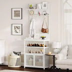 Meuble d'entrée avec portes, portemanteau et rangement de chaussures étroits de 72,8 pouces, organisateur d'entrée avec 7 crochets, étagères et armoire en maille, blanc