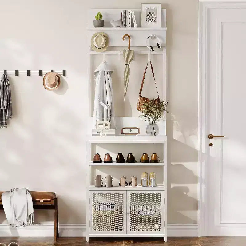 Meuble d'entrée avec portes, portemanteau et rangement de chaussures étroits de 72,8 pouces, organisateur d'entrée avec 7 crochets, étagères et armoire en maille, blanc