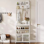 Meuble d'entrée avec portes, portemanteau et rangement de chaussures étroits de 72,8 pouces, organisateur d'entrée avec 7 crochets, étagères et armoire en maille, blanc
