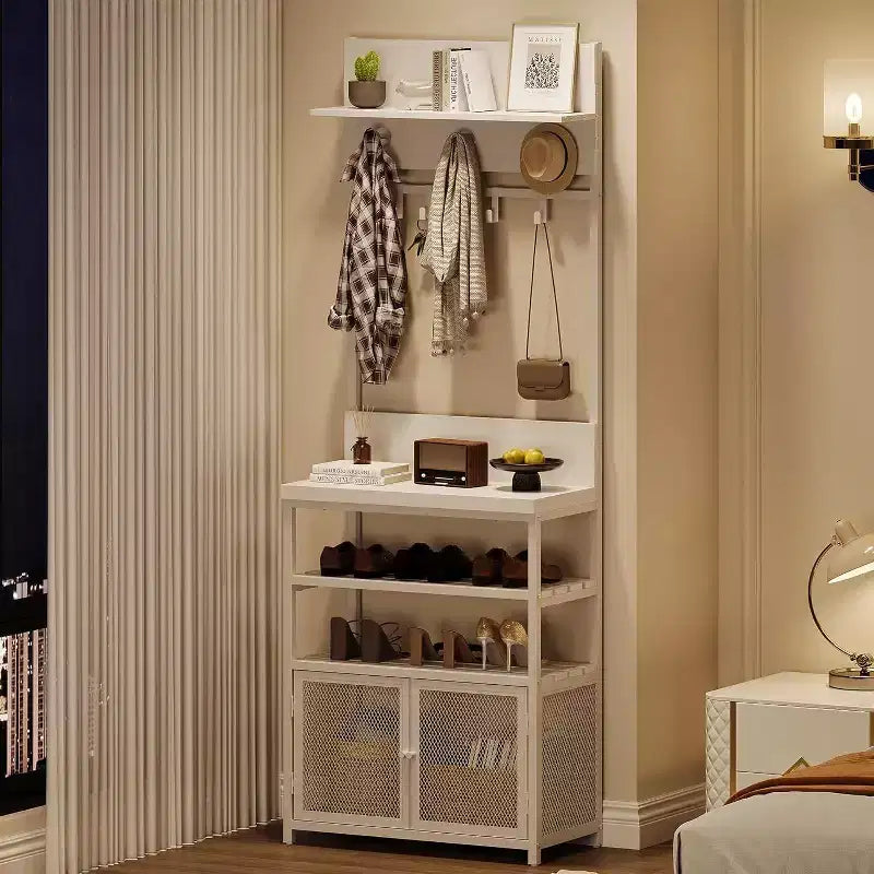 Meuble d'entrée avec portes, portemanteau et rangement de chaussures étroits de 72,8 pouces, organisateur d'entrée avec 7 crochets, étagères et armoire en maille, blanc