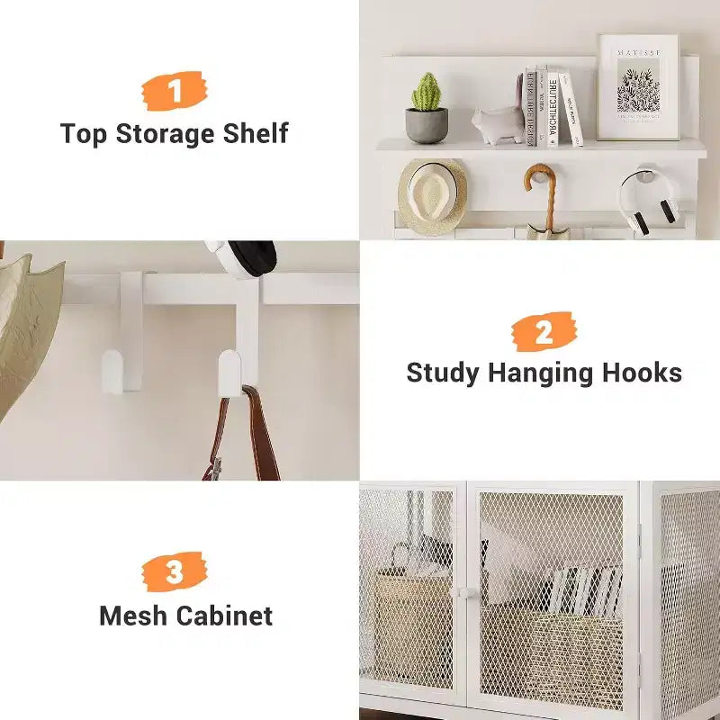 Meuble d'entrée avec portes, portemanteau et rangement de chaussures étroits de 72,8 pouces, organisateur d'entrée avec 7 crochets, étagères et armoire en maille, blanc