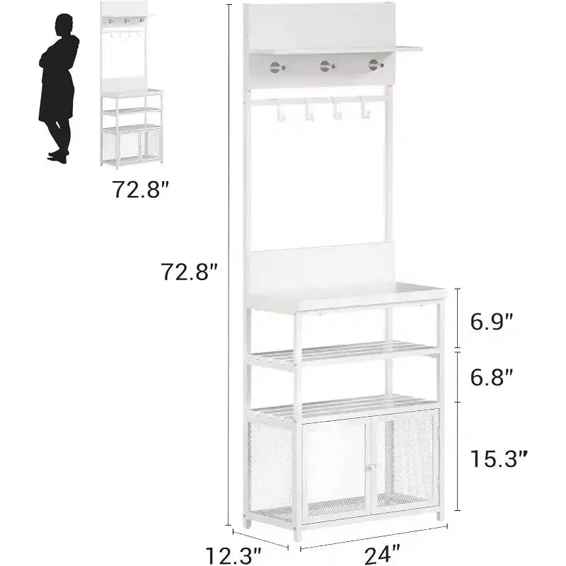 Meuble d'entrée avec portes, portemanteau et rangement de chaussures étroits de 72,8 pouces, organisateur d'entrée avec 7 crochets, étagères et armoire en maille, blanc