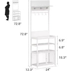 Meuble d'entrée avec portes, portemanteau et rangement de chaussures étroits de 72,8 pouces, organisateur d'entrée avec 7 crochets, étagères et armoire en maille, blanc