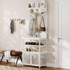 Meuble d'entrée avec portes, portemanteau et rangement de chaussures étroits de 72,8 pouces, organisateur d'entrée avec 7 crochets, étagères et armoire en maille, blanc
