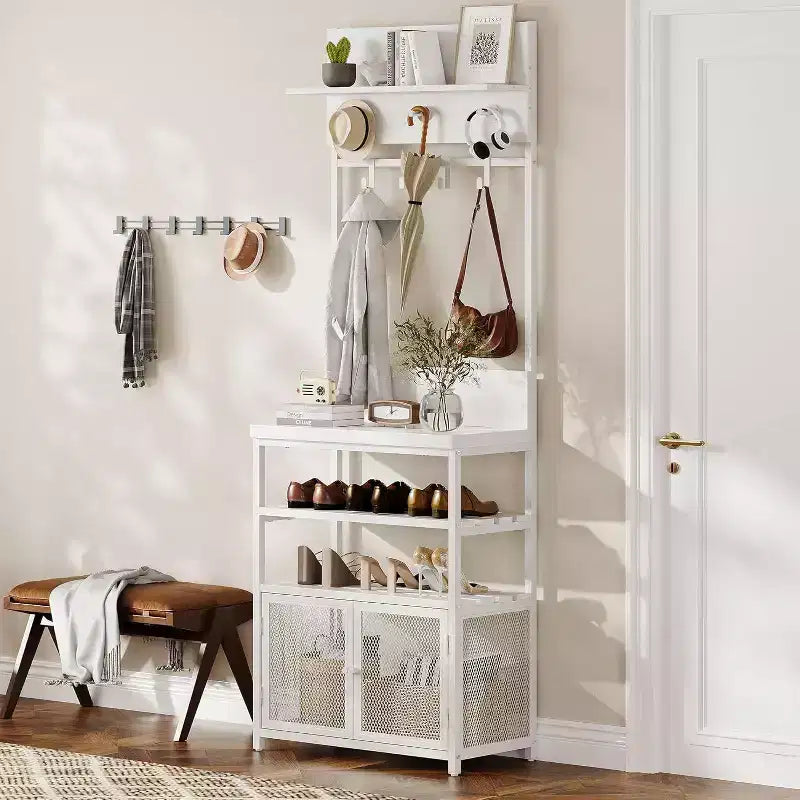 Meuble d'entrée avec portes, portemanteau et rangement de chaussures étroits de 72,8 pouces, organisateur d'entrée avec 7 crochets, étagères et armoire en maille, blanc