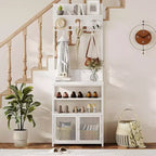Meuble d'entrée avec portes, portemanteau et rangement de chaussures étroits de 72,8 pouces, organisateur d'entrée avec 7 crochets, étagères et armoire en maille, blanc