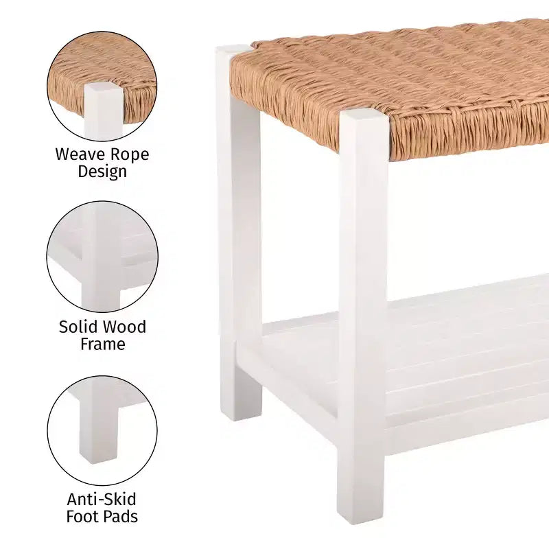 Banc en bois de 101,6 cm avec assise en corde tressée à la main et étagère de rangement pour entrée ou chambre à coucher