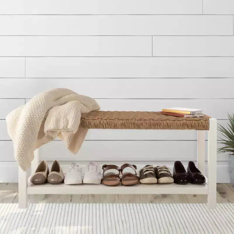 Banc en bois de 101,6 cm avec assise en corde tressée à la main et étagère de rangement pour entrée ou chambre à coucher