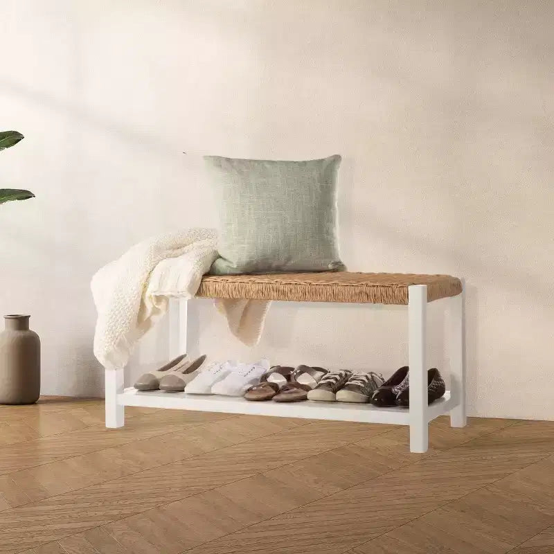Banc en bois de 101,6 cm avec assise en corde tressée à la main et étagère de rangement pour entrée ou chambre à coucher