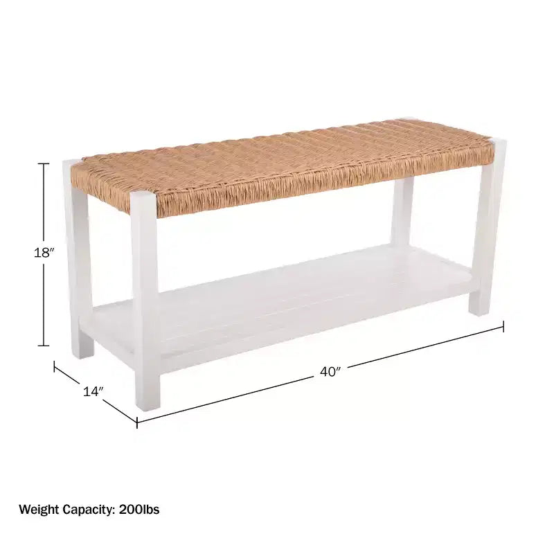 Banc en bois de 101,6 cm avec assise en corde tressée à la main et étagère de rangement pour entrée ou chambre à coucher