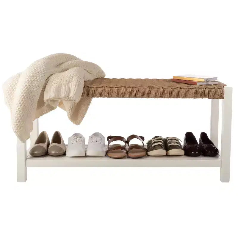Banc en bois de 101,6 cm avec assise en corde tressée à la main et étagère de rangement pour entrée ou chambre à coucher