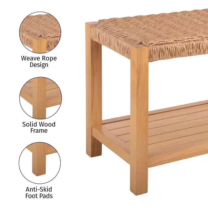 Banc en bois de 101,6 cm avec assise en corde tressée à la main et étagère de rangement pour entrée ou chambre à coucher