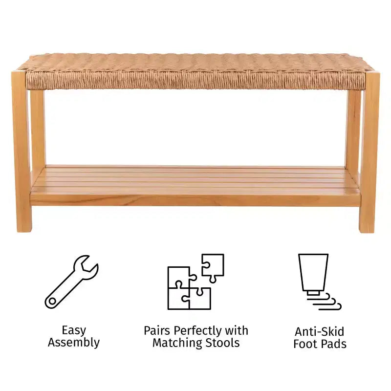 Banc en bois de 101,6 cm avec assise en corde tressée à la main et étagère de rangement pour entrée ou chambre à coucher