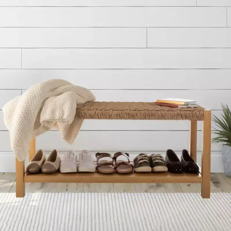 Banc en bois de 101,6 cm avec assise en corde tressée à la main et étagère de rangement pour entrée ou chambre à coucher