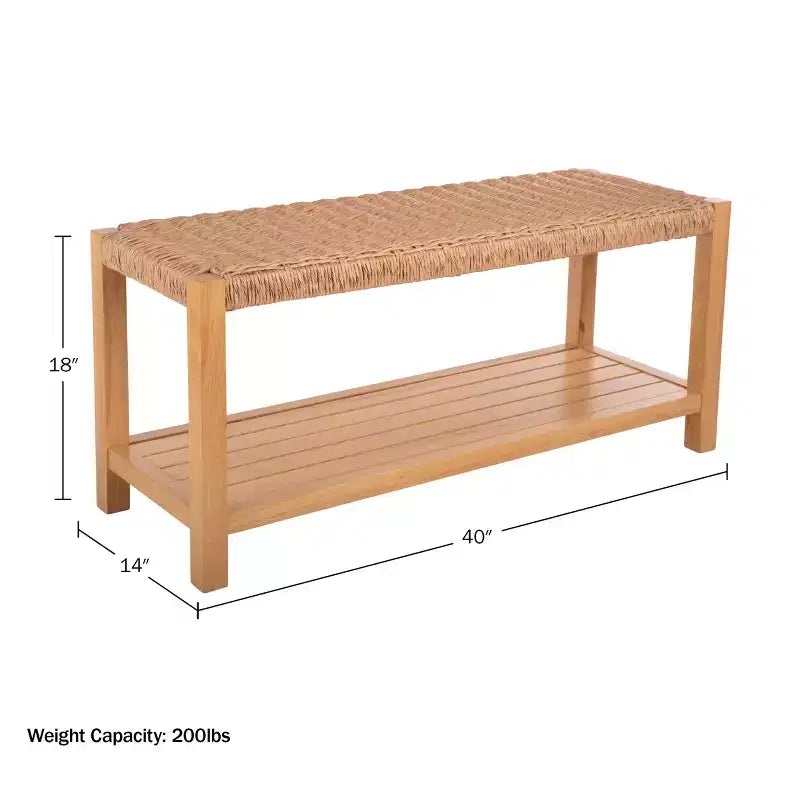 Banc en bois de 101,6 cm avec assise en corde tressée à la main et étagère de rangement pour entrée ou chambre à coucher