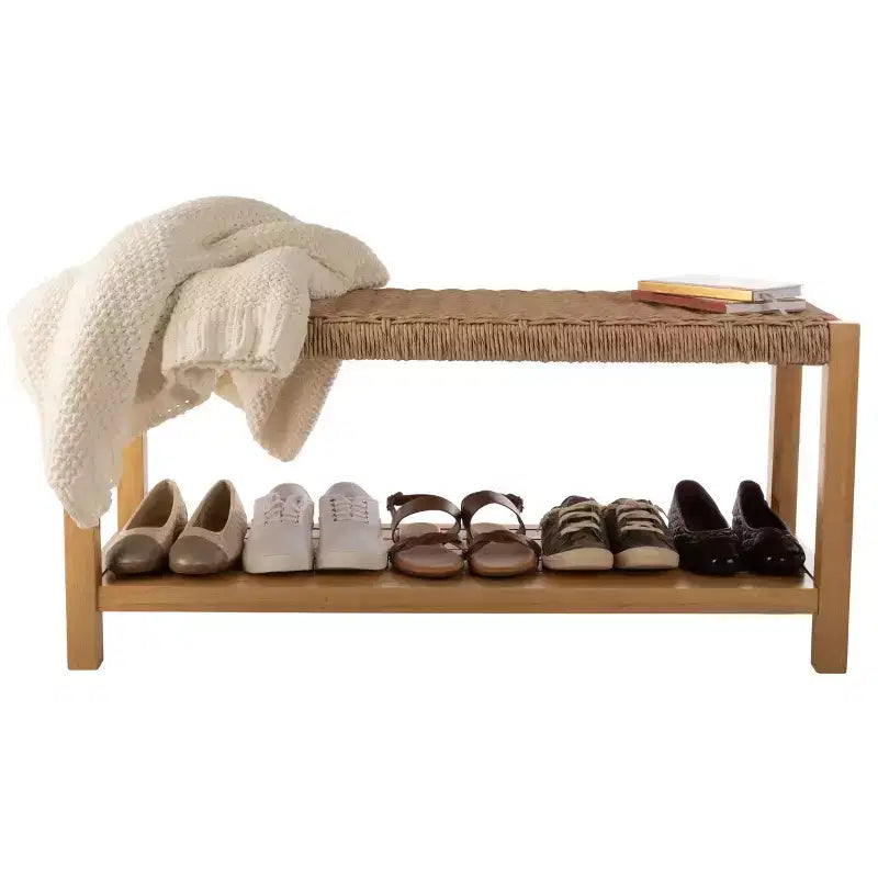 Banc en bois de 101,6 cm avec assise en corde tressée à la main et étagère de rangement pour entrée ou chambre à coucher