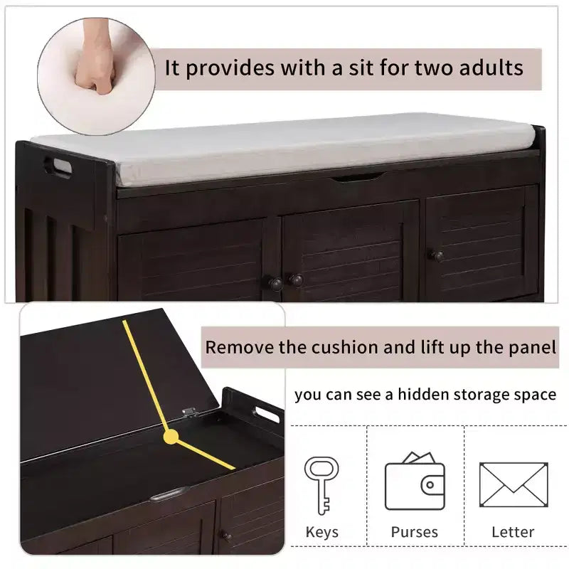 Banc à chaussures de 110,5 cm avec portes persiennes et étagère réglable pour entrée
