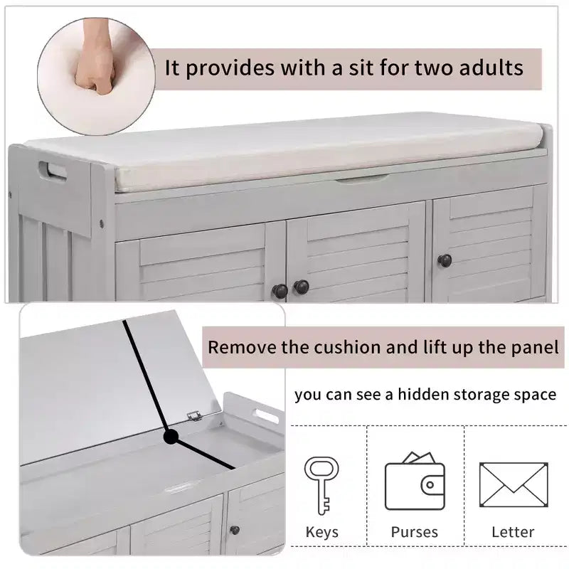 Banc à chaussures de 110,5 cm avec portes persiennes et étagère réglable pour entrée