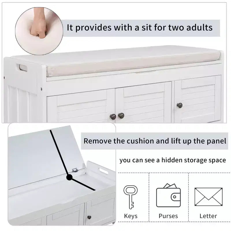Banc à chaussures de 110,5 cm avec portes persiennes et étagère réglable pour entrée