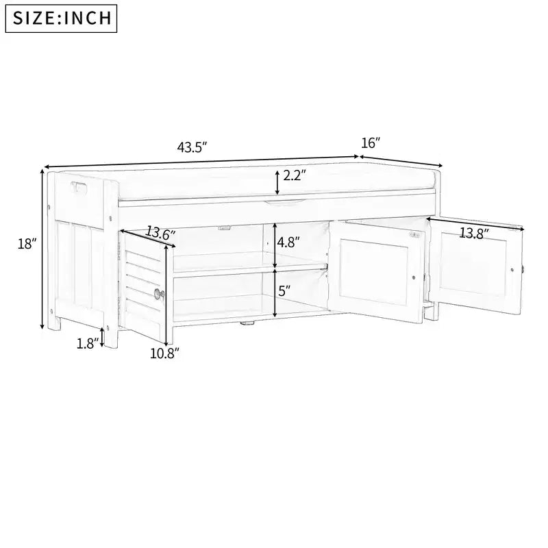 Banc à chaussures de 110,5 cm avec portes persiennes et étagère réglable pour entrée