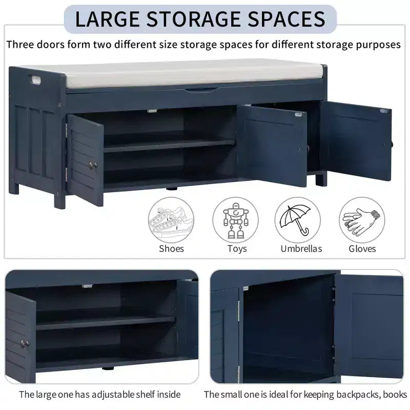 Banc à chaussures de 110,5 cm avec portes persiennes et étagère réglable pour entrée