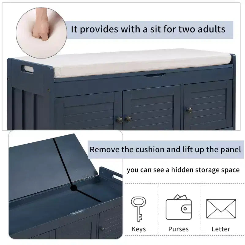 Banc à chaussures de 110,5 cm avec portes persiennes et étagère réglable pour entrée