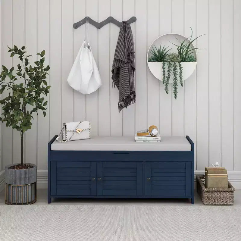 GDFStudio Gavin 43.5 Entryway Storage Shoe Bench with Shutter Doors and Adjustable Shelf