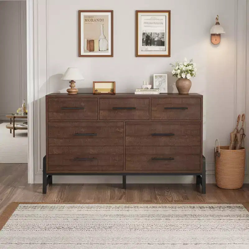 7 commodes de chambre à coucher, commode autonome à 5 tiroirs de 52 pouces de large avec rangement, meuble de rangement de placard en bois pour salon, chambre à coucher