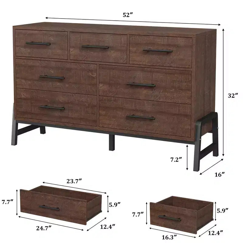 7 commodes de chambre à coucher, commode autonome à 5 tiroirs de 52 pouces de large avec rangement, meuble de rangement de placard en bois pour salon, chambre à coucher