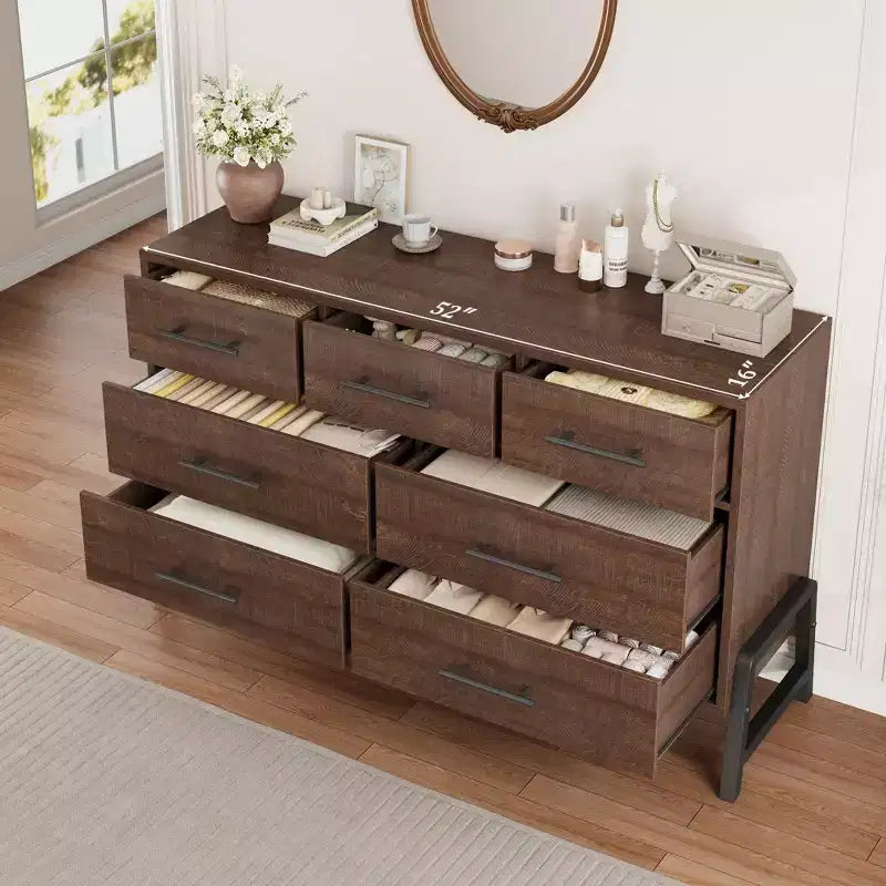 7 commodes de chambre à coucher, commode autonome à 5 tiroirs de 52 pouces de large avec rangement, meuble de rangement de placard en bois pour salon, chambre à coucher