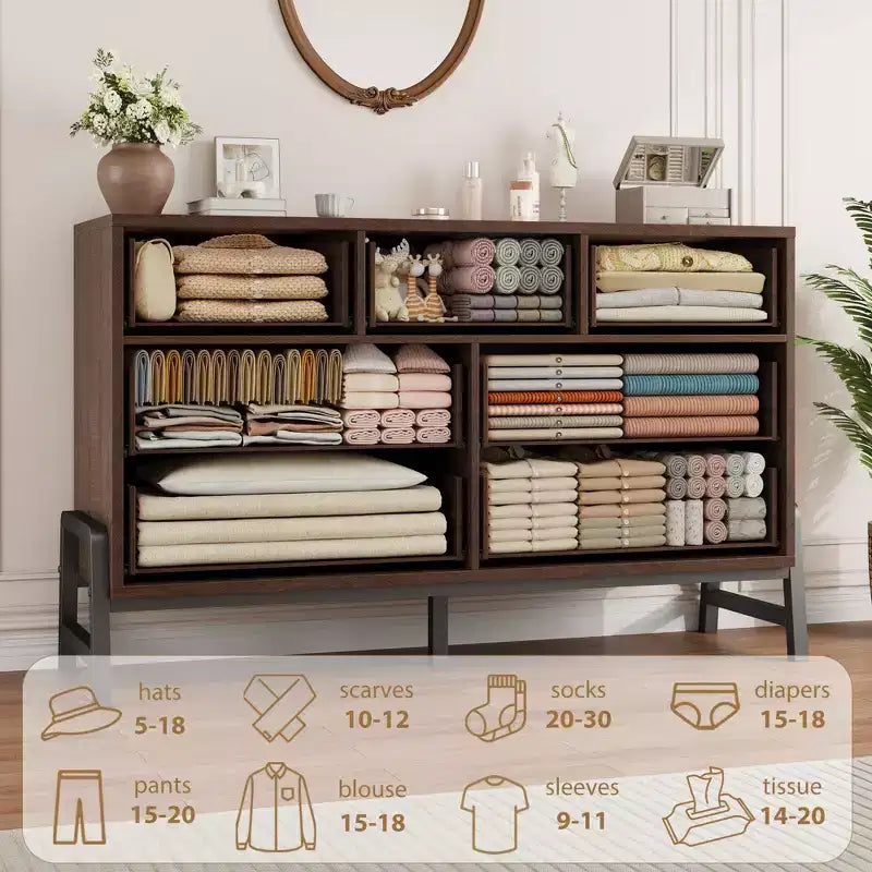 7 commodes de chambre à coucher, commode autonome à 5 tiroirs de 52 pouces de large avec rangement, meuble de rangement de placard en bois pour salon, chambre à coucher