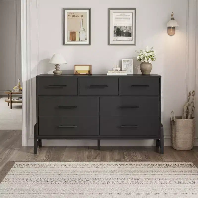 7 commodes de chambre à coucher, commode autonome à 5 tiroirs de 52 pouces de large avec rangement, meuble de rangement de placard en bois pour salon, chambre à coucher