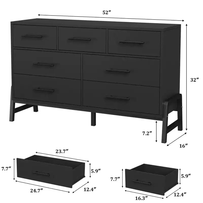 7 commodes de chambre à coucher, commode autonome à 5 tiroirs de 52 pouces de large avec rangement, meuble de rangement de placard en bois pour salon, chambre à coucher