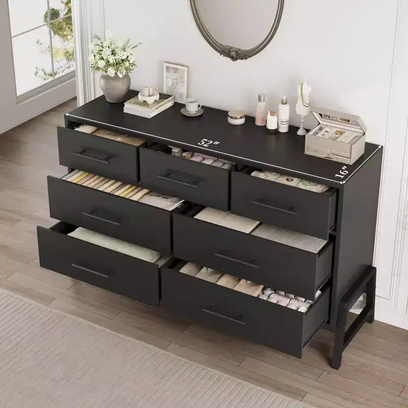 7 commodes de chambre à coucher, commode autonome à 5 tiroirs de 52 pouces de large avec rangement, meuble de rangement de placard en bois pour salon, chambre à coucher