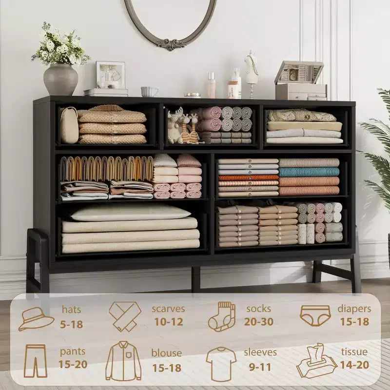 7 commodes de chambre à coucher, commode autonome à 5 tiroirs de 52 pouces de large avec rangement, meuble de rangement de placard en bois pour salon, chambre à coucher