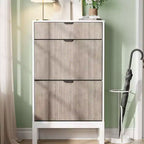 Shoe Storage Cabinet with 2 Flip Drawers, Entrance Wooden Shoe Rack with Iron Legs
