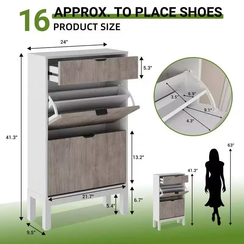 Meuble à Chaussures avec 2 Tiroirs Abattants, Range-Chaussures d'Entrée en Bois avec Pieds en Fer