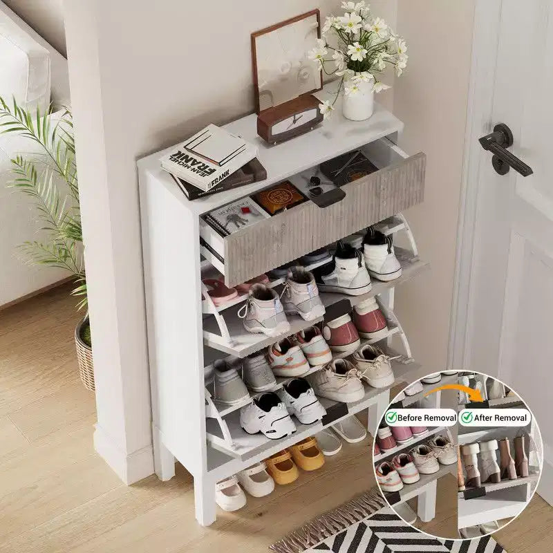 Meuble à Chaussures avec 2 Tiroirs Abattants, Range-Chaussures d'Entrée en Bois avec Pieds en Fer