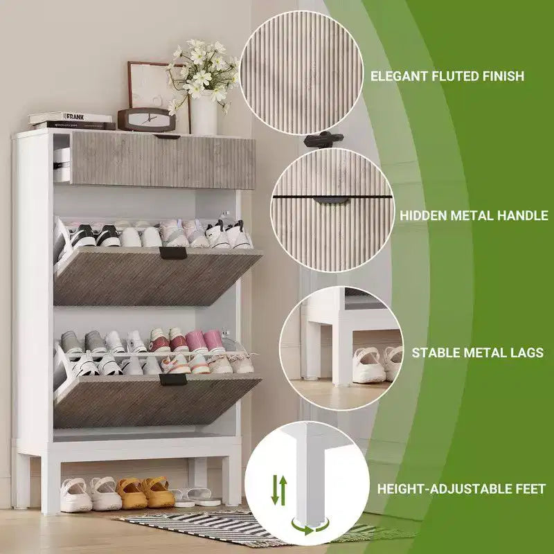 Meuble à Chaussures avec 2 Tiroirs Abattants, Range-Chaussures d'Entrée en Bois avec Pieds en Fer
